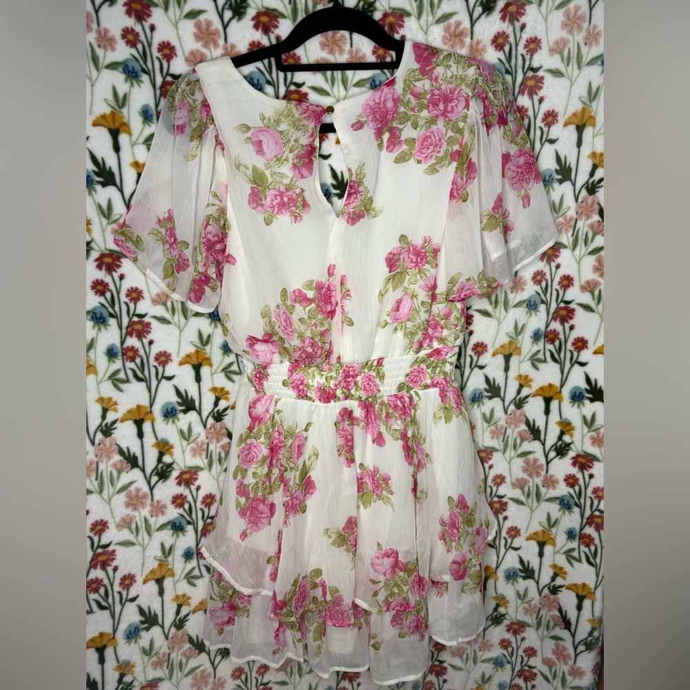 Blush White Mini Dress romper with Pink Floral Print - Picture 2 of 2